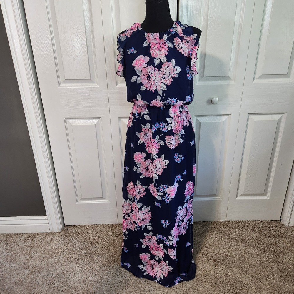Old Navy Navy Blue Pink Floral Chiffon Ruffle Maxi Dress Small S Keyhole Back